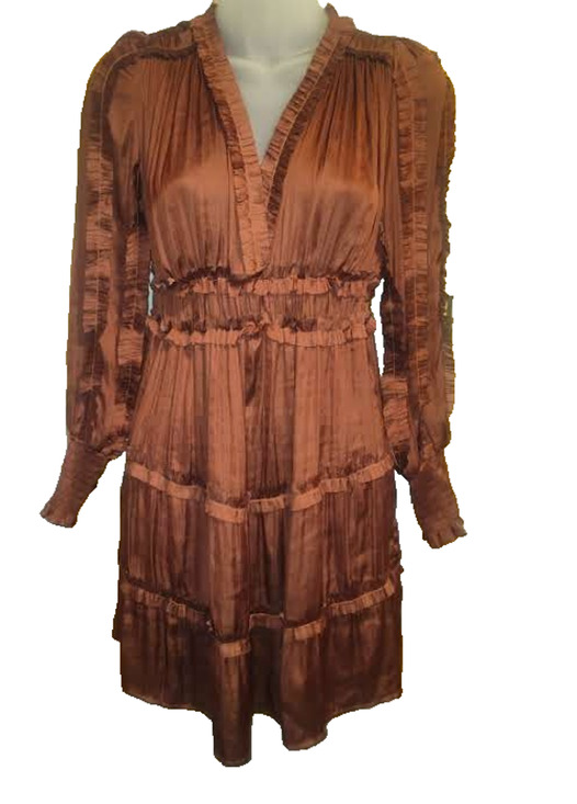 O.P.T Dresses & Skirts - O.P.T Women’s Brown Satin Boho Ruffle Mini Dress Size XS BG30